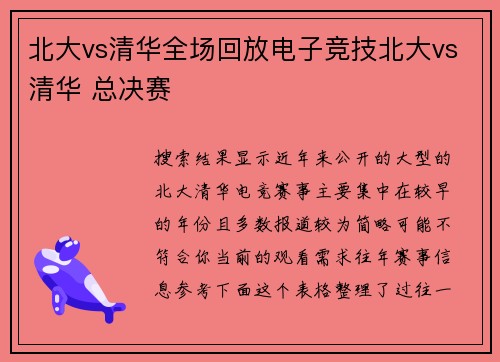 北大vs清华全场回放电子竞技北大vs清华 总决赛